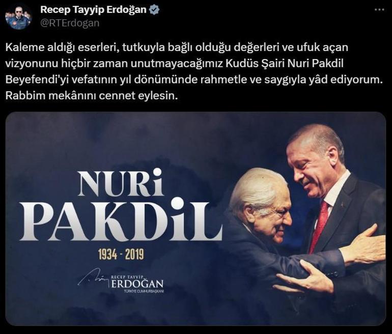 Cumhurbaşkanı Erdoğan'dan Nuri Pakdil'i anma mesajı