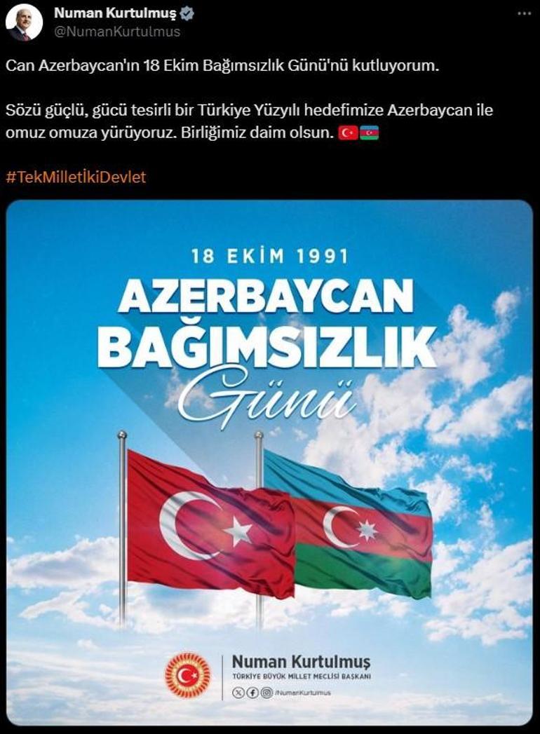 TBMM Başkanı Kurtulmuş, Azerbaycan'ın Bağımsızlık Günü'nü kutladı