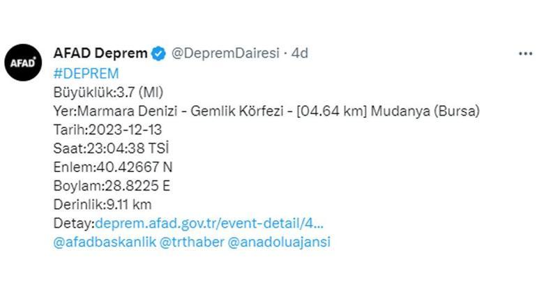 Marmara Denizi'nde deprem! AFAD: Bursa Mudanya'da 3.7'lik deprem