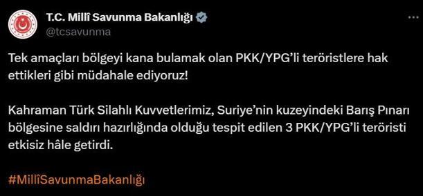 Barış Pınarı'na saldırı hazırlığında PKK'lılara operasyon
