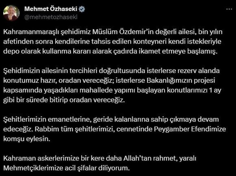 Bakan Özhaseki'den şehit Özdemir'in ailesiyle ilgili açıklama