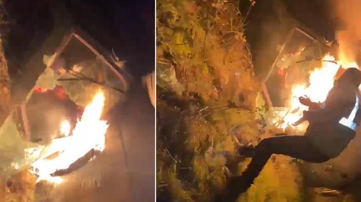 Alev alan araçta can pazarı!