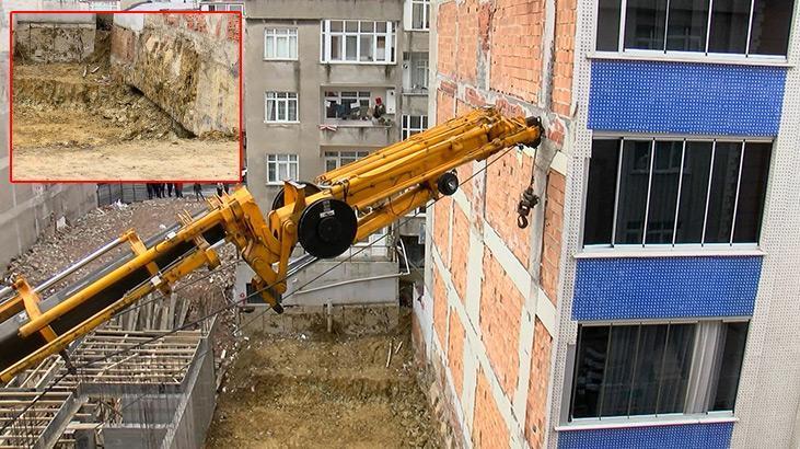 Gaziosmanpaşa’da yıkılma tehlikesi olan binalar vinçle desteklendi