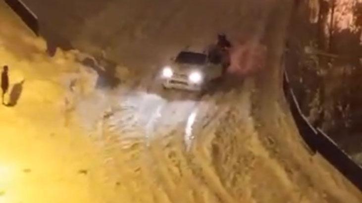 Yol buz pistine döndü! Kamyonetin altında kalmaktan son anda kurtuldu