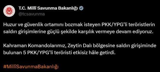 Zeytin Dalı bölgesinde 5 PKK'lı etkisiz hale getirildi