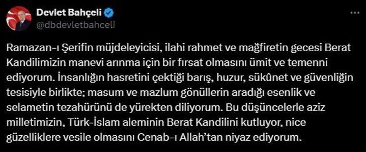 MHP lideri Bahçeli'den Berat Kandili mesajı