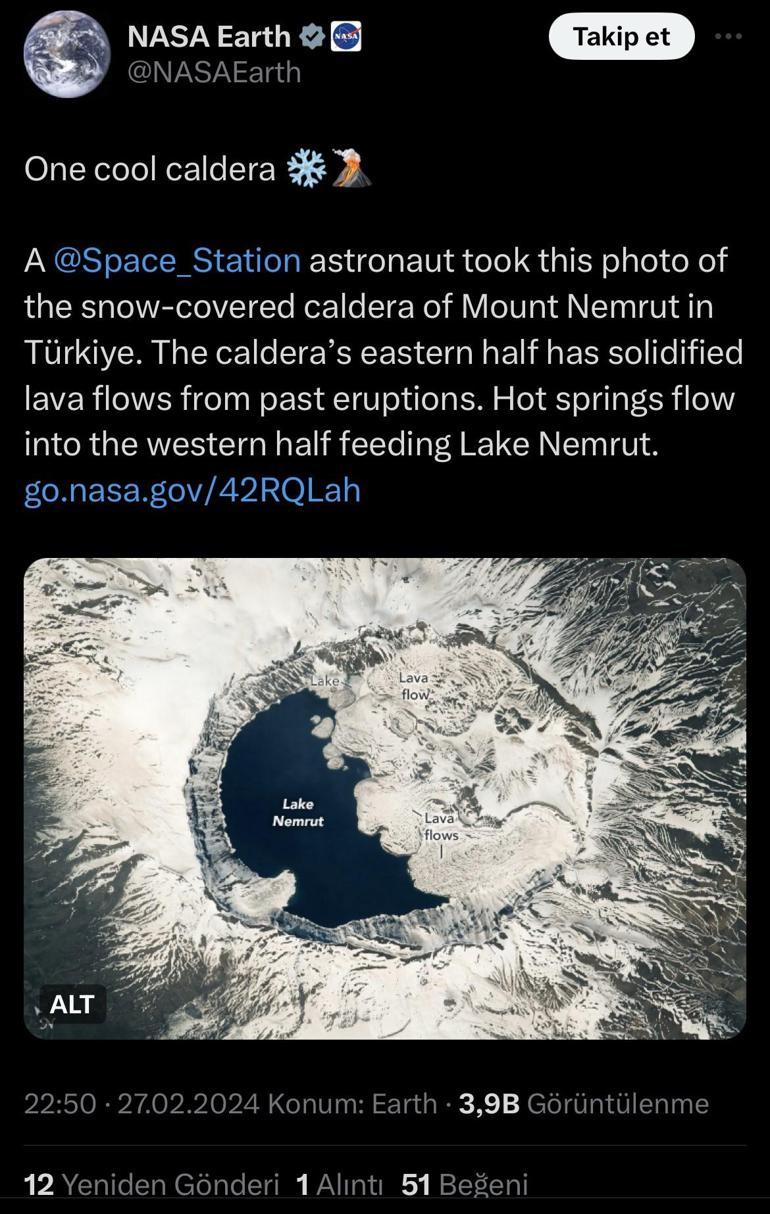 NASA'nın yeni gözdesi! Nemrut Krater Gölü'nü uzaydan fotoğrafladılar