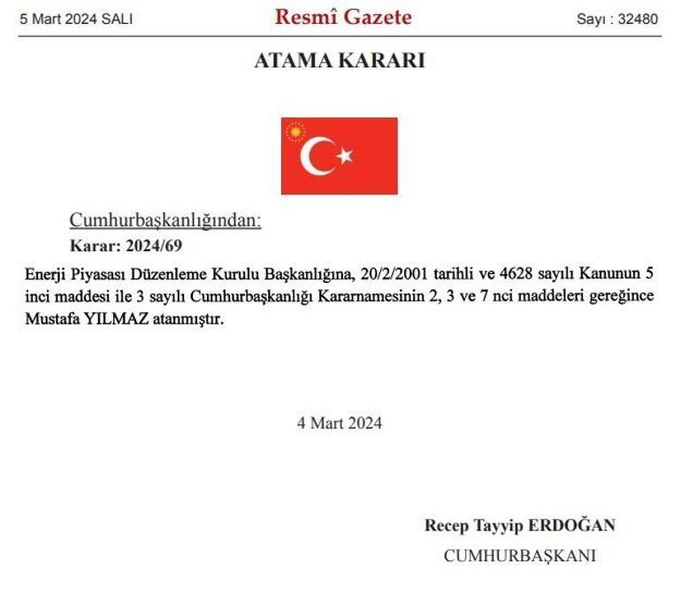 Resmi Gazete'de yayımlandı! EPDK Başkanlığı'na Mustafa Yılmaz atandı