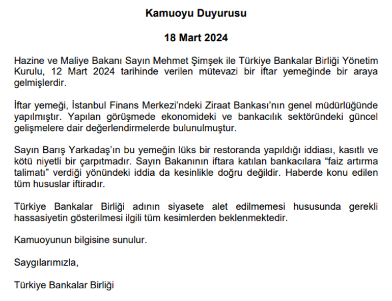Türkiye Bankalar Birliği'nden faiz artırma talimatı iddialarına ilişkin açıklama