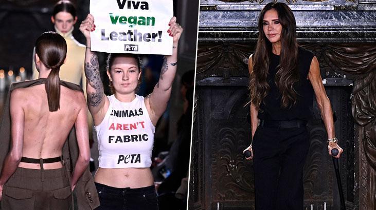 Victoria Beckham sahneye koltuk değnekleriyle çıktı! Defileyi protestocular bastı