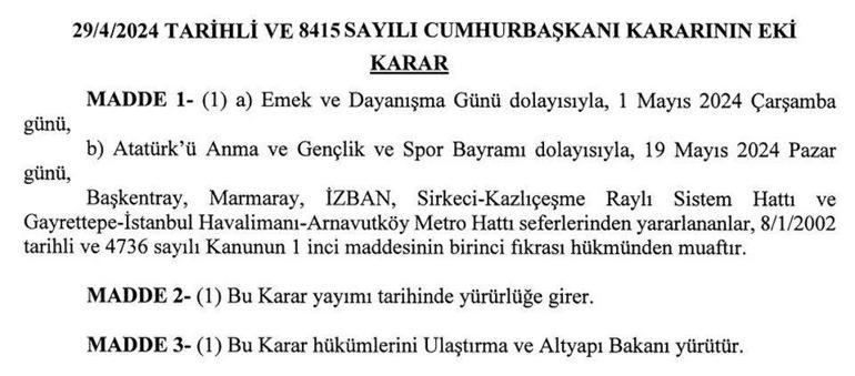 İstanbul, Ankara ve İzmir için 1 Mayıs kararı! Raylı sistemde ulaşım ücretsiz olacak